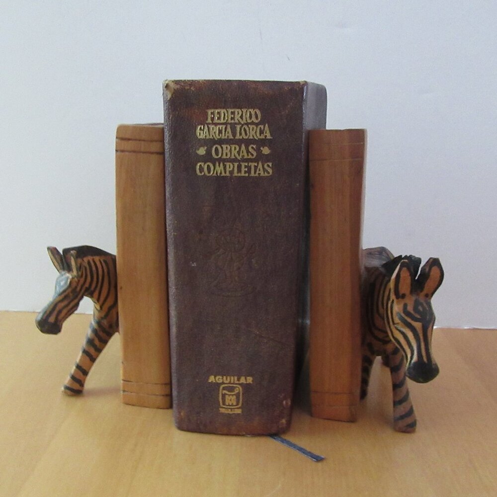 Vintage carved wood zebra & book bookends - library decor - AS IS